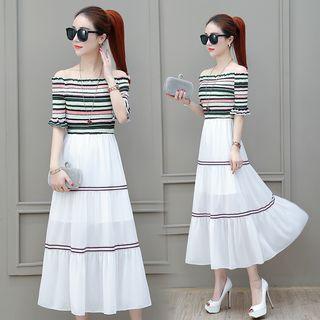 Striped Panel Off Shoulder Short Sleeve Midi Dress