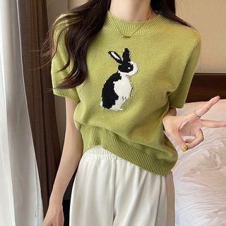 Short-sleeve Rabbit Jacquard Knit Top Green - One Size
