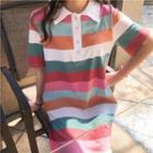 Short-sleeve Wide-stripe Polo Dress Rainbow Stripe - One Size