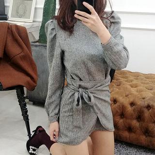 Puff-shoulder Herringbone Mini Wrap Dress