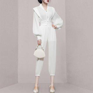 Long-sleeve V-neck Jumpsuit With Belt