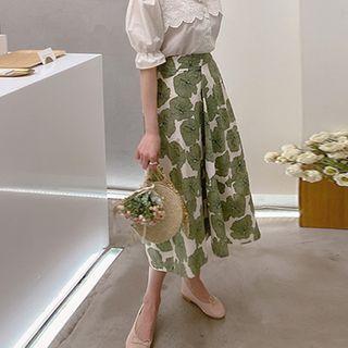 Band-waist Floral Print Flare Skirt Khaki - One Size
