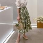 Band-waist Floral Print Flare Skirt Khaki - One Size