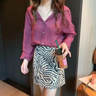 Plain Shirt / Zebra Print A-line Skirt