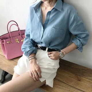 Pocket-front Long-sleeve Linen Shirt