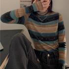 Long-sleeve Striped Mock-neck Top Stripe - Blue & Khaki - One Size
