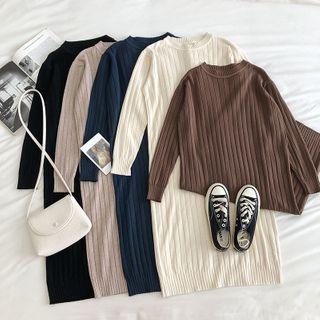 Plain Crewneck Rib-knit Long-sleeve Dress