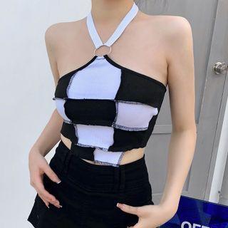 Halter-neck Two-tone Cropped Camisole Top