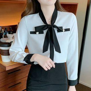 Bow-neck Contrast Trim Blouse