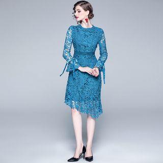 Long-sleeve Tie-cuff A-line Lace Dress