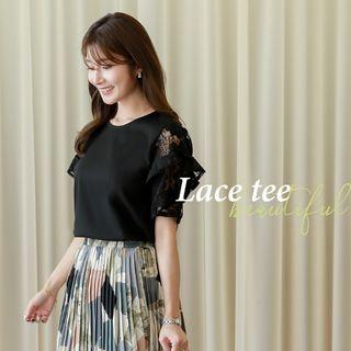 Lace-sleeve Ruffle-trim T-shirt