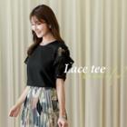 Lace-sleeve Ruffle-trim T-shirt