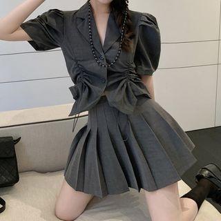 Puff-sleeve Drawstring Cropped Blazer / High-waist Plain Pleated Skirt