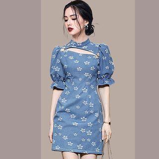 Puff-sleeve Floral Denim Mini Sheath Dress
