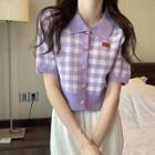 Short-sleeve Gingham Check Knit Top Purple - One Size