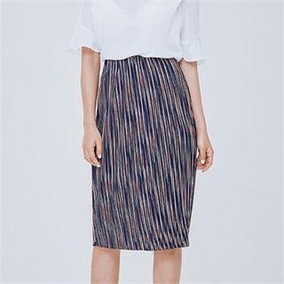 Banded-waist Striped Pleated Skirt