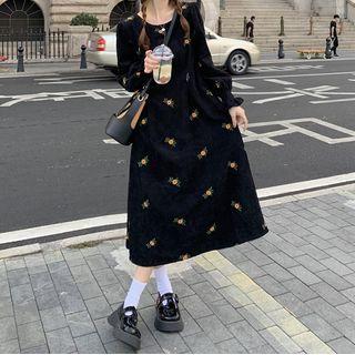 Long-sleeve Floral Print Corduroy Midi Dress Black - One Size