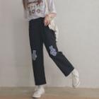 Cropped Bear Embroidered Straight Cut Pants