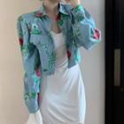 Floral Print Cropped Button-up Jacket Light Blue - One Size