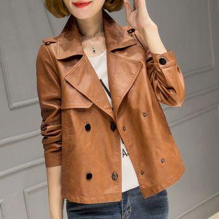 Faux-leather Notched-lapel Double-breasted Jacket