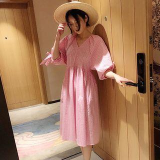 Gingham Balloon-sleeve A-line Dress