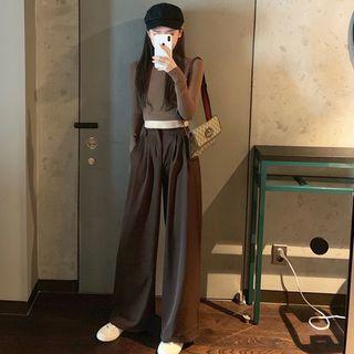 Long-sleeve Plain Crop Top / Wide Leg Pants