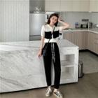Color-block Short-sleeve Top / High Waist Pants