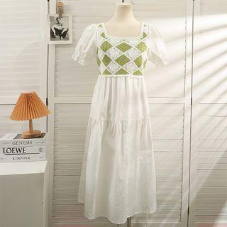 Patchwork Square-neck Midi Dress White - One Size