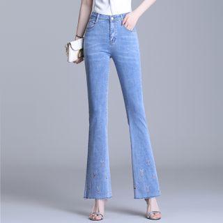 Washed Embroidered Boot-cut Jeans
