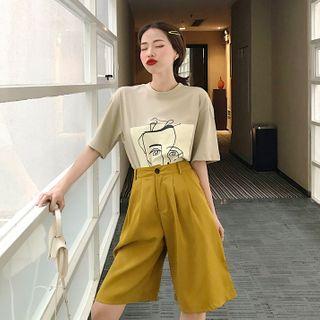 Plain Turtle-neck Long-sleeve Top / Print Crewneck Short-sleeve T-shirt / Plain High-waist Wide-leg Shorts