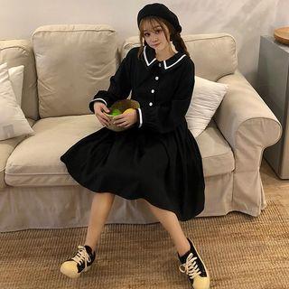 Contrast Trim Long-sleeve Midi Dress