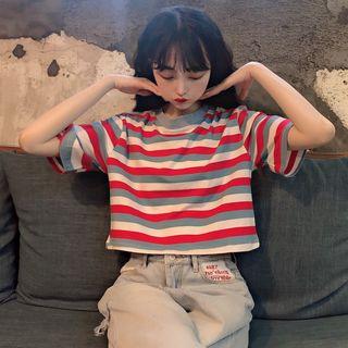 Elbow-sleeve Striped Cropped T-shirt