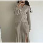 Long-sleeve Tie-waist Blazer / Plain Pleated Midi Skirt