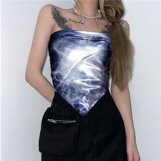 Strapless Printed Asymmetrical Top Dark Blue & White - One Size