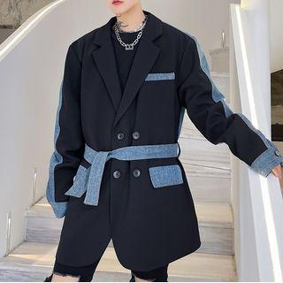 Denim Panel Double-breasted Blazer