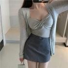 Cardigan / Twisted Camisole Top / A-line Mini Skirt