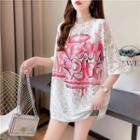 Elbow-sleeve Lettering Lace T-shirt White - One Size