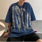 Round Neck Print Elbow Sleeve T-shirt