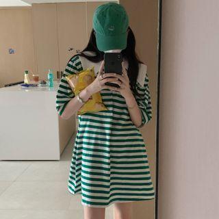 Elbow-sleeve Striped A-line Dress Green & White - One Size