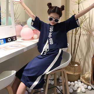 Set: Lettering Elbow-sleeve T-shirt + Color Block Midi Skirt