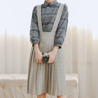 Plaid Suspender Pleated Midi Skirt Gray - One Size