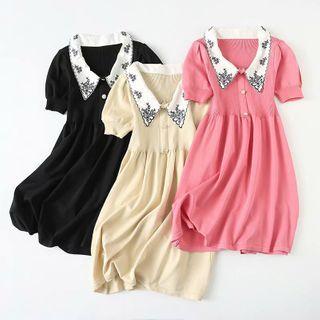Embroidered Collar Short-sleeve Knit Midi A-line Dress