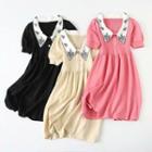 Embroidered Collar Short-sleeve Knit Midi A-line Dress
