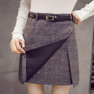 Slit Plaid A-line Skirt