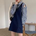Striped Cut-out Shirt / Denim Mini Overall Dress