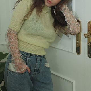 Long-sleeve Floral Lace T-shirt Floral - One Size