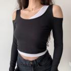 Long-sleeve Square-neck Off-shoulder Plain Top