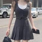 Sleeveless Mock Two-piece Striped Top / Mini Pleated Skirt