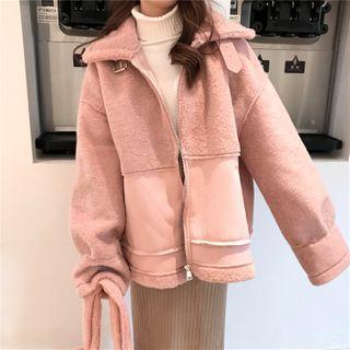 Paneled Fluffy Zip Jacket
