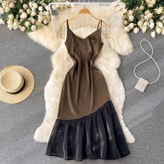 V-neck Panel Mesh Spaghetti-strap Dress